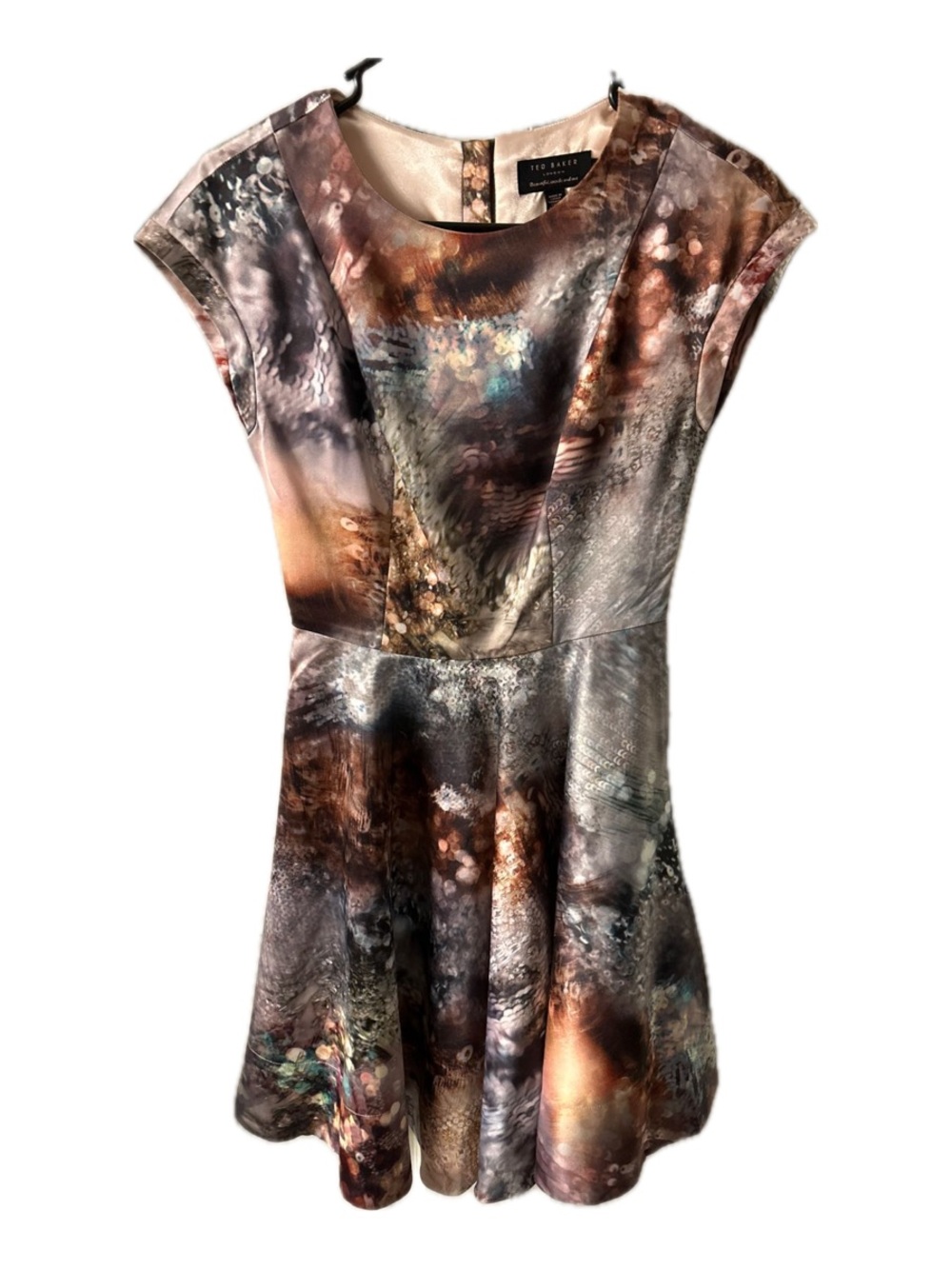 Ted Baker Brown and Gray Abstract Cap-Sleeve Fit & Flare Dress
